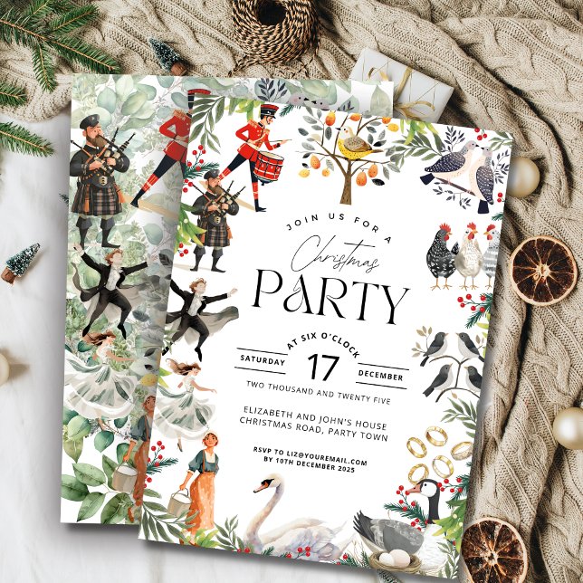 Invitation Twelve Days of Christmas Watercolor Collage Party (12 Days of Christmas Party Invitation
)