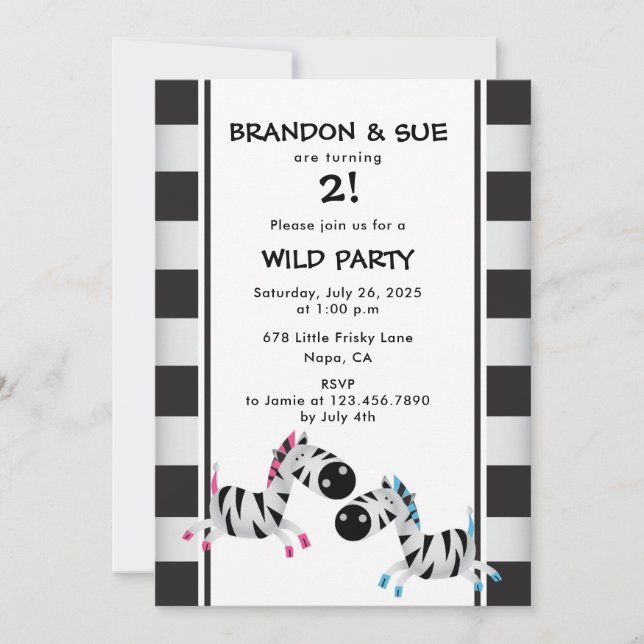 Invitation Twin Anniversaire fête rose et bleu Zebras (Devant)