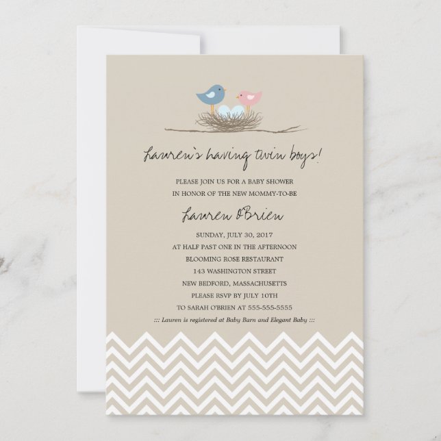 Invitation Twin Baby Boys Baby shower de nid d'oiseaux (Devant)