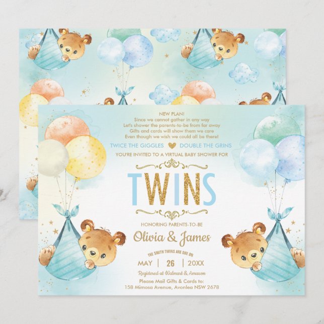 Invitation Twin Baby Boys Baby shower Nounours par la poste (Devant / Derrière)