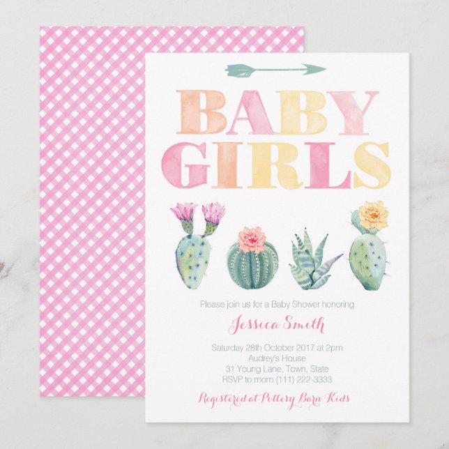 Invitation Twin Baby Girls Desert Cactus Baby shower (Devant / Derrière)