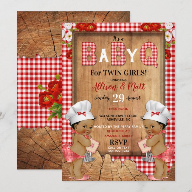Invitation Twin Baby Girls Red En vichy Wood Baby Q Barbecue (Devant / Derrière)