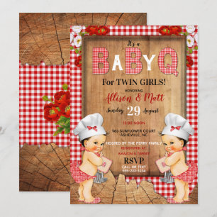 Invitation Twin Baby Girls Red En vichy Wood Baby Q Barbecue