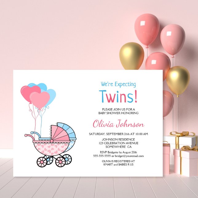 Invitation Twin Baby shower bleu rose Ballons et poussette (Créateur téléchargé)