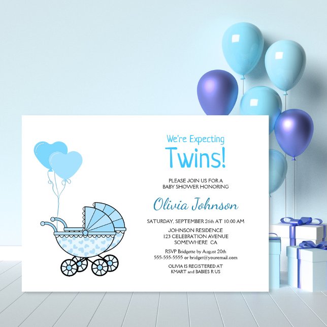Invitation Twin Baby shower Blue Balloons et poussette (Créateur téléchargé)