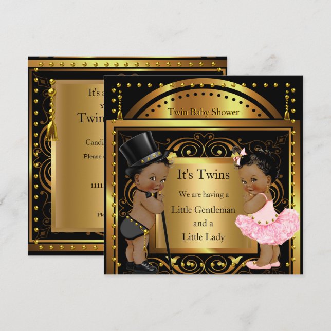 Invitation Twin Baby shower garçon et fille Gold Ethnic (Devant / Derrière)