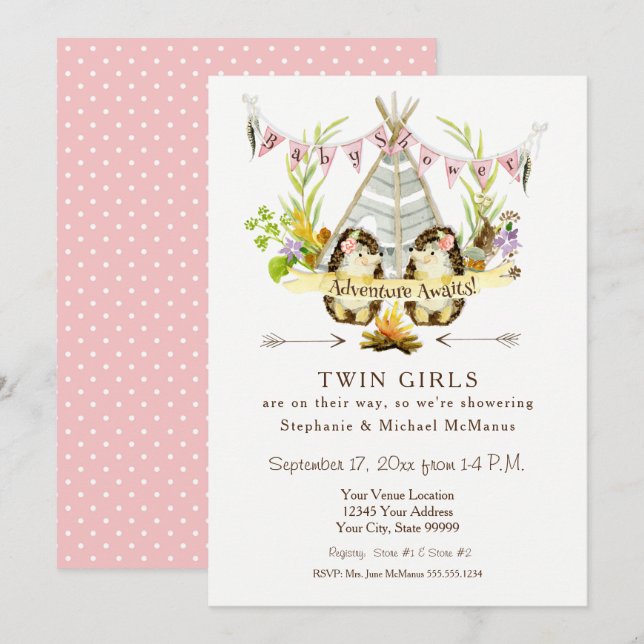 Invitation Twin Baby shower Woodland Animal Teepee Hedgehog (Devant / Derrière)
