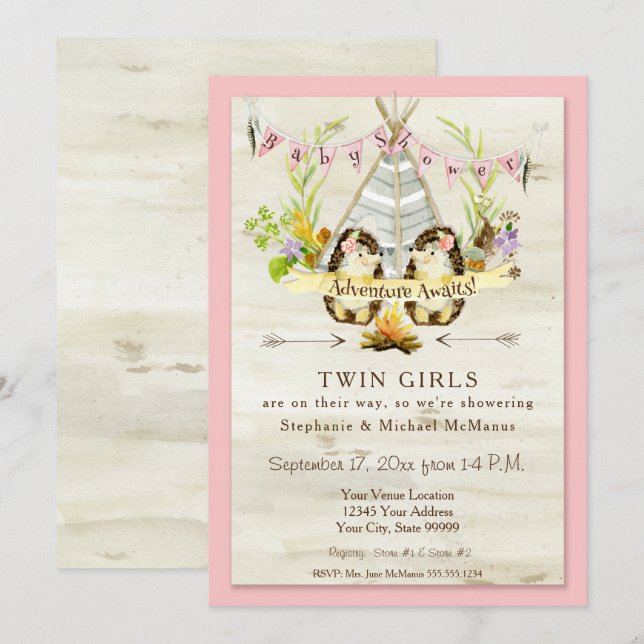 Invitation Twin Baby shower Woodland Animal Teepee Hedgehog (Devant / Derrière)