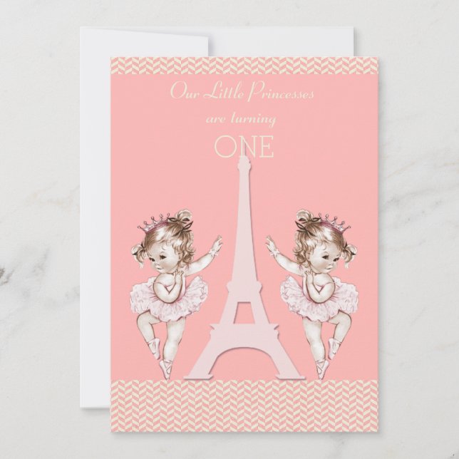 Invitation Twin Ballerinas Tour Eiffel Chevrons 1er anniversa (Devant)