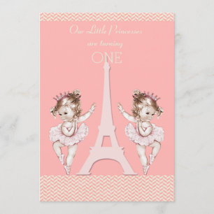 Invitation Twin Ballerinas Tour Eiffel Chevrons 1er anniversa