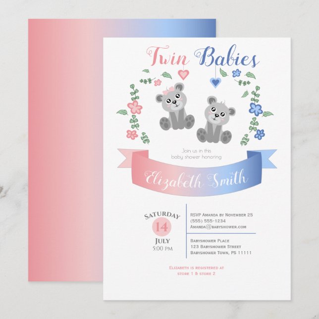 Invitation Twin boy and girl Cute bear baby shower (Devant / Derrière)