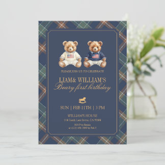 Invitation Twin Boy Beary First Birthday Teddy Bear