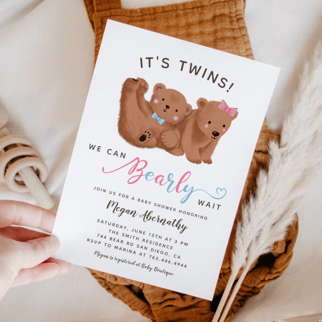 Invitation Twin Boy Girl Cub Baby shower d'ours (Créateur téléchargé)