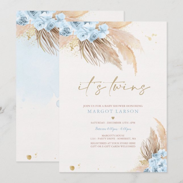 Invitation Twin Boy Pampas Grass Bohemian Desert Baby shower (Devant / Derrière)