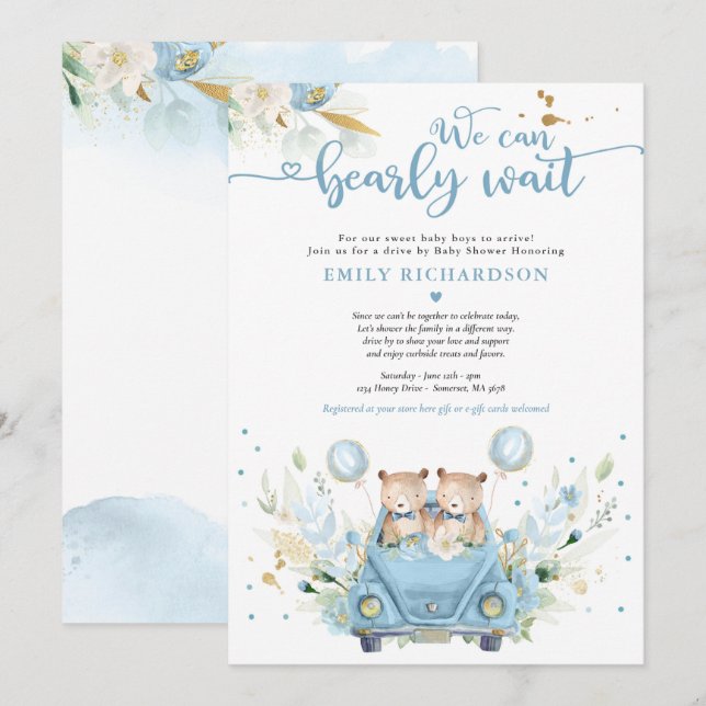 Invitation Twin Boy Teddy Bear Drive Par Baby shower (Devant / Derrière)