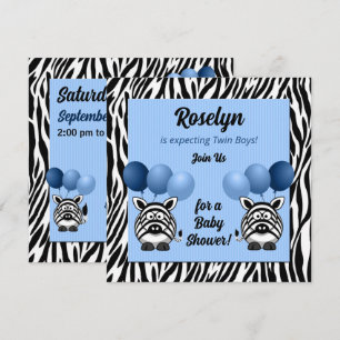Invitation Twin Boy Zebra Print et Baby shower bleu