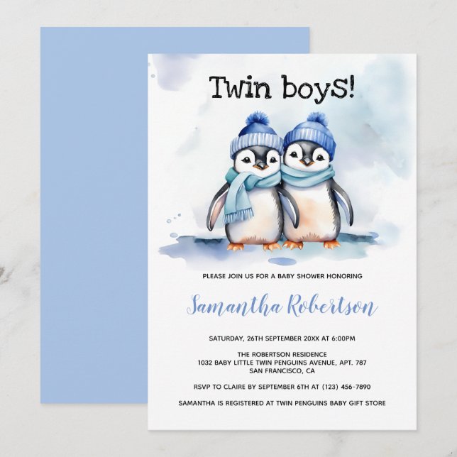 Invitation Twin Boys Aquarelle Bleu Baby shower d'hiver (Devant / Derrière)