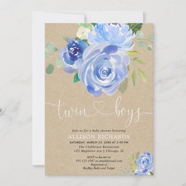 Invitation Twin boys baby shower rustique bleu floral kraft (Devant)
