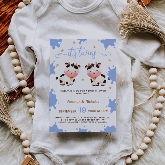 Invitation Twin Boys Blue Cow Baby shower Boho (Créateur téléchargé)