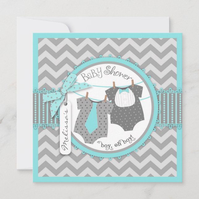 Invitation Twin Boys Cravate Bow Cravate Chevron Imprimer Bab (Devant)