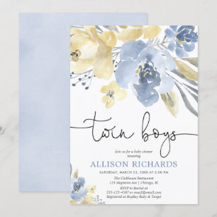 Invitation Twin boys Dusty bleu jaune baby shower floral