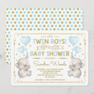 Invitation Twin Boys Elephant Baby shower Blue Gold Jungle