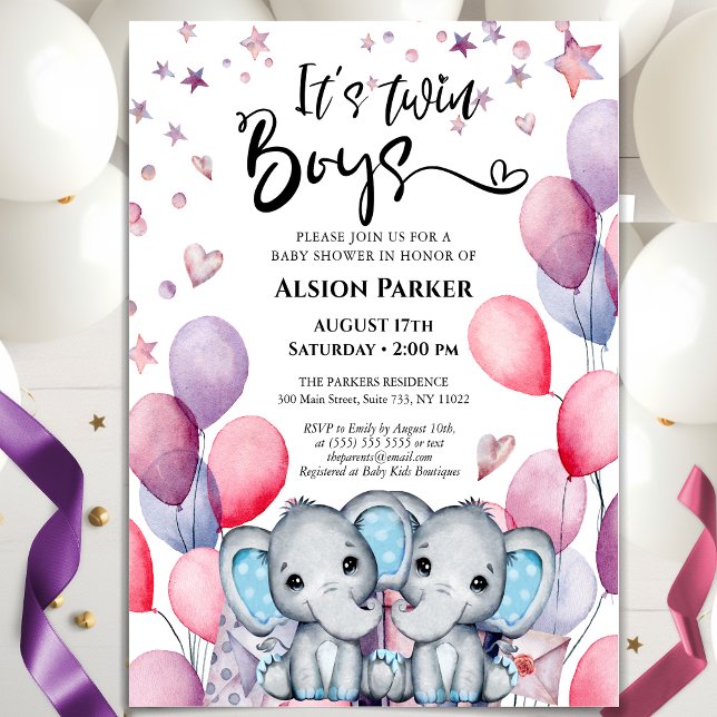 Invitation Twin Boys Elephant Blue Balloons mignonette Baby s (Créateur téléchargé)