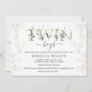 Invitation Twin Boys Green & Gold Foliage Baby shower