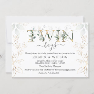 Invitation Twin Boys Green & Gold Foliage Baby shower
