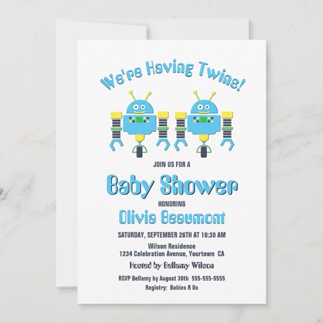 Invitation Twin Boys mignon Robots Baby shower (Devant)
