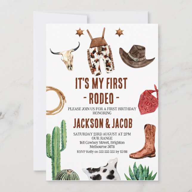 Invitation Twin Boys My First Rodeo Cowboy 1er anniversaire (Devant)
