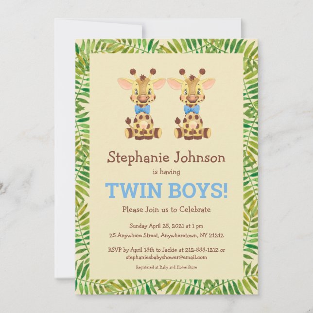 Invitation Twin Boys Safari Giraffe Baby shower mignon (Devant)