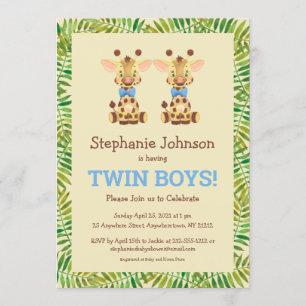 Invitation Twin Boys Safari Giraffe Baby shower mignon