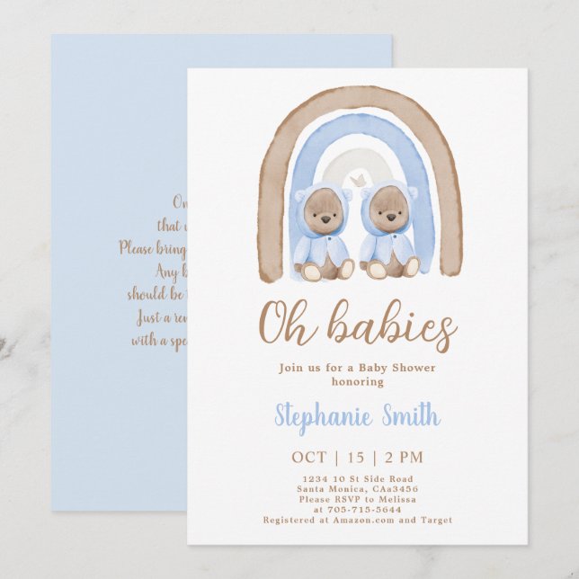 Invitation Twin Boys Teddy bear Rainbow Baby shower (Devant / Derrière)