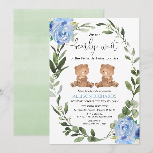 Invitation Twin boys teddy ours vert bleu baby shower floral (Devant / Derrière)