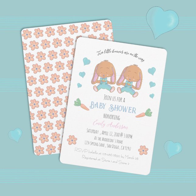 Invitation Twin Bunnies Printemps Baby shower de Pâques Invit (Twin boys bunnies spring baby shower .)