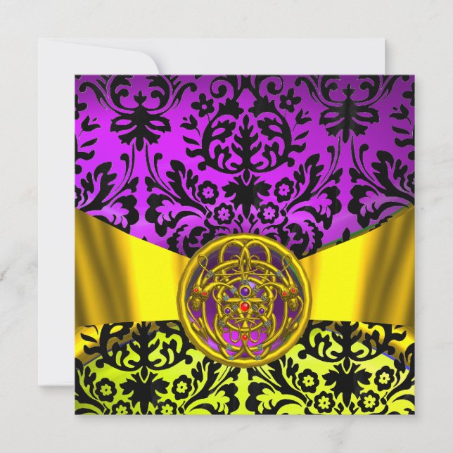 INVITATION TWIN DRAGONS GOLD PURPLE BLACK DAMASK MONOGRAM (Devant)