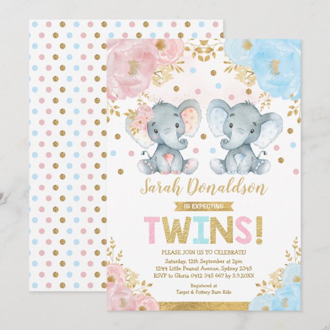 Invitation Twin Elephant Baby shower garçon & fille jumeaux (Devant / Derrière)