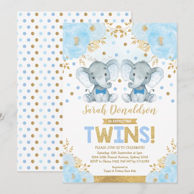 Invitation Twin Elephant Boys Petit Baby shower Gentlemen (Devant / Derrière)