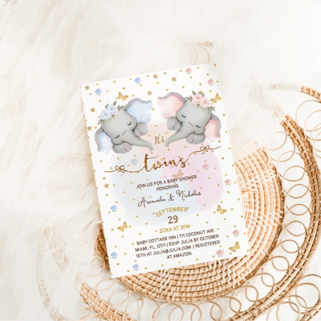 Invitation Twin Elephants Boy Girl Baby shower Boho (Créateur téléchargé)