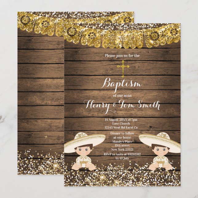 Invitation Twin Fiesta Boy Twin Baptême Christening Wood (Devant / Derrière)