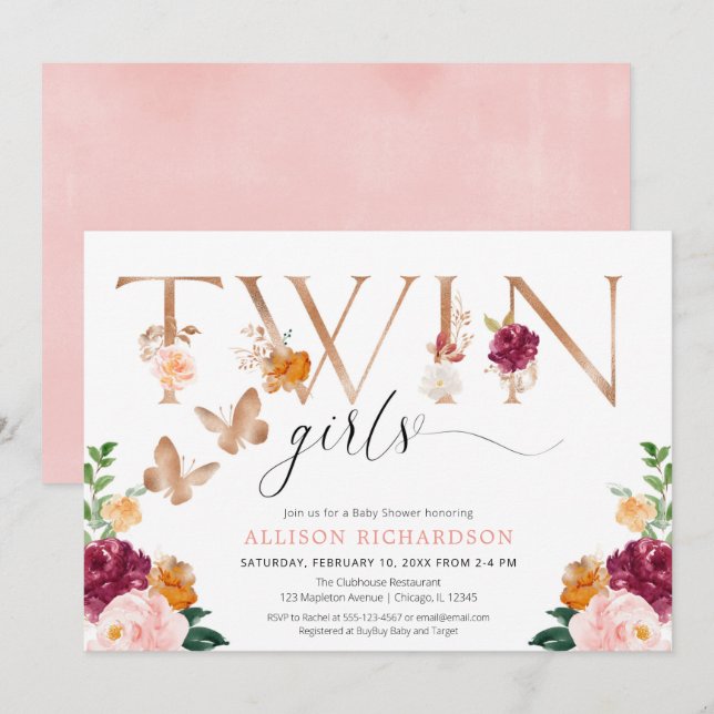 Invitation Twin filles papillon rose or rose rose élégant flo (Devant / Derrière)