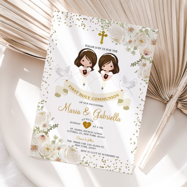 Invitation Twin Fleur blanche 1ère Sainte Communion Or (Créateur téléchargé)