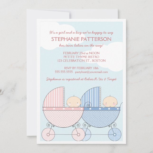 Invitation Twin Girl & Boy Carriage Happy Baby shower (Devant)