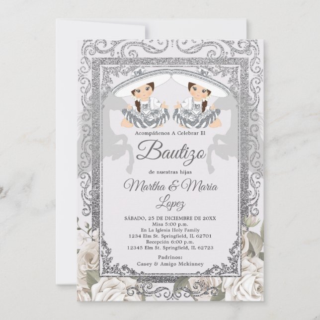 Invitation Twin Girl Fiesta Argent Charro Mexicaine Bautizo (Devant)
