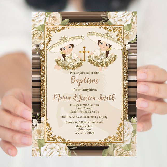 Invitation Twin Girl Mexicaine Baptême Fiesta Floral (Créateur téléchargé)