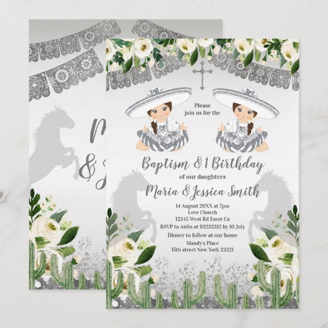 Invitation  Twin Girl Mexicaine Silver Baptême et Anniversair (Devant / Derrière)