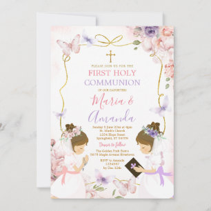 Invitation Twin Girl Rose Purple Papillon 1ère Sainte Communi