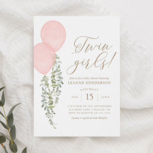 Invitation Twin Girls Baby shower Eucalyptus Balloon rose
