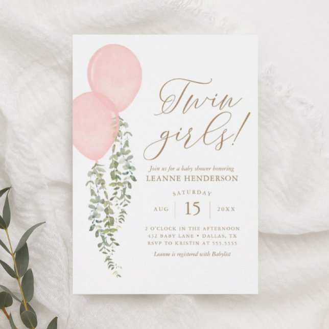 Invitation Twin Girls Baby shower Eucalyptus Balloon rose (Créateur téléchargé)
